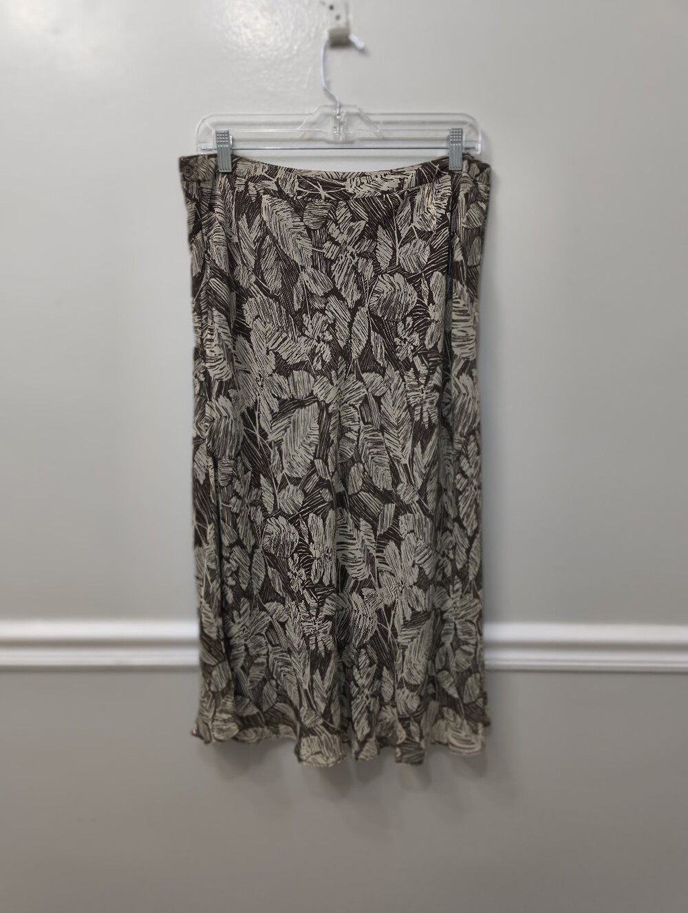 Kate Hill Silk Brown Cream Leaf-Print Maxi/Midi Skirt Sz 12 Career Summer